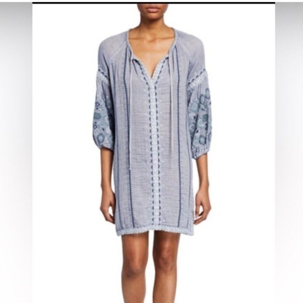 Johnny Was Blue Gauzy Embroidered Cotton Blend Lightweight Mini Dress- XS